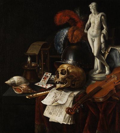 Vanitas-Stillleben mit Schädel und Spielkarten von Jan Fris